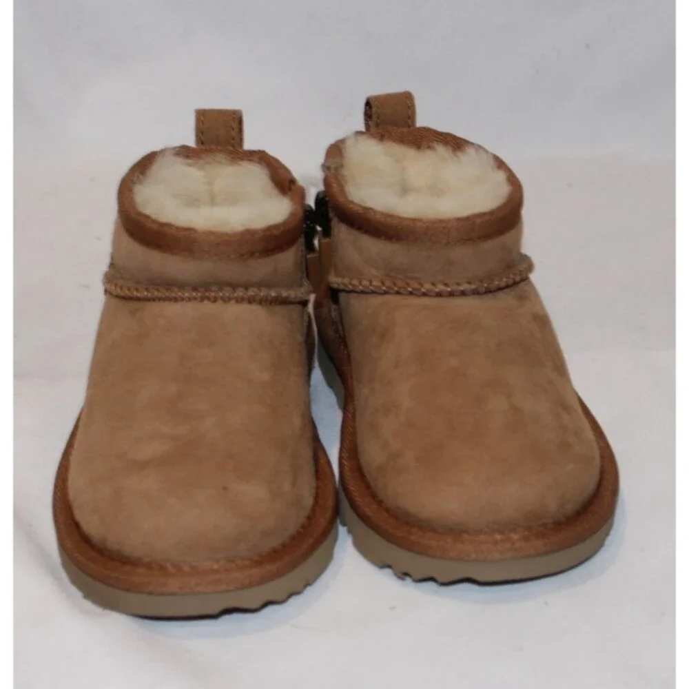 NIB UGG TODDLER‎ ULTRA MINI ZIP SUEDE SHEARLING LINED BOOTS CHESTNUT SZ 8